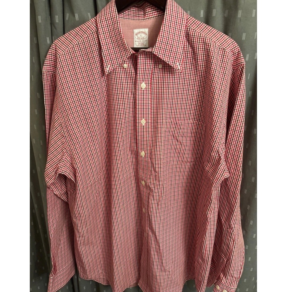 Brooks Brothers Mens Regular Fit Non-Iron Gingham Button Down Shirt Red White L
